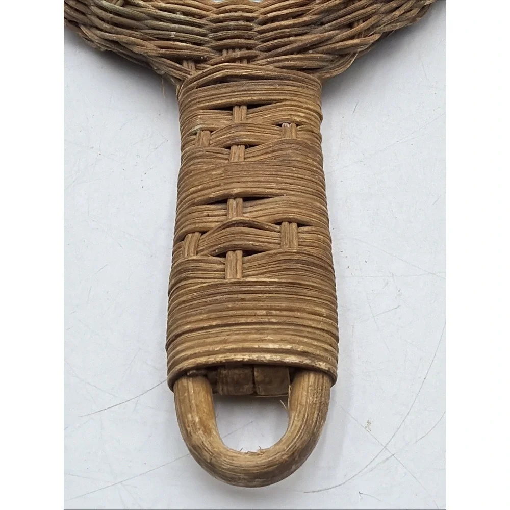 Retro Woven Wicker Rattan Vanity Bohemian Hand Held Mirror Tan